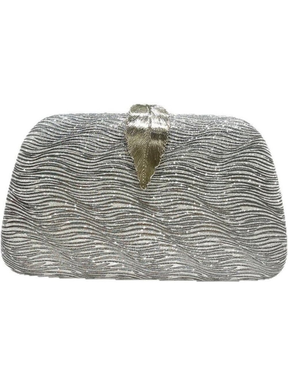 Women's Silver Elegant Clutch Purse Metallic Leaves Clasp Banquet Evening Bag